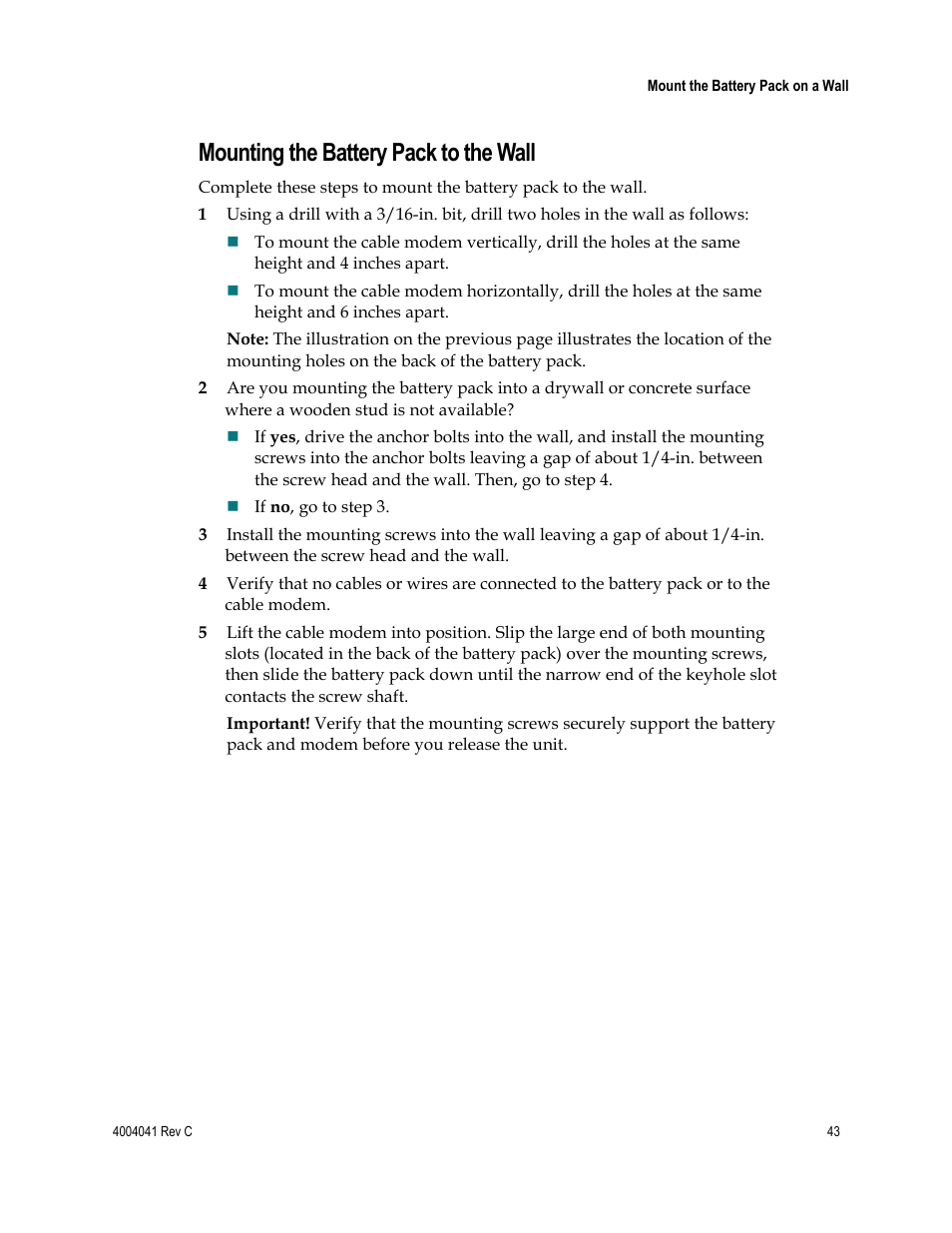 Mounting the battery pack to the wall | Scientific Atlanta EPX2203TM User Manual | Page 43 / 52