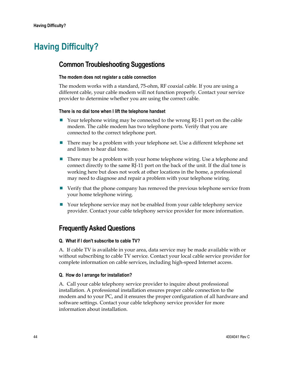 Having difficulty, Common troubleshooting suggestions, Frequently asked questions | Scientific Atlanta EPX2203TM User Manual | Page 44 / 52