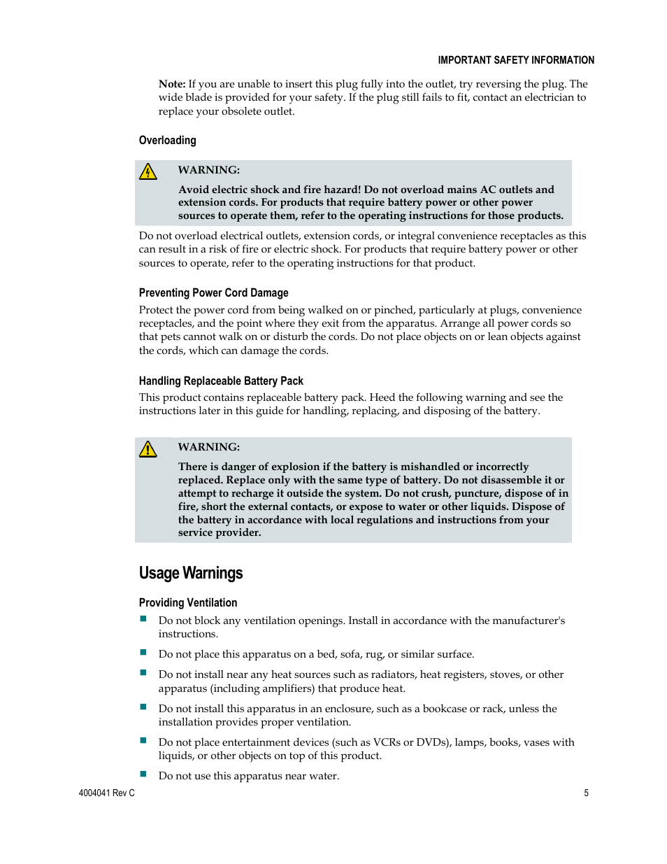 Usage warnings | Scientific Atlanta EPX2203TM User Manual | Page 5 / 52