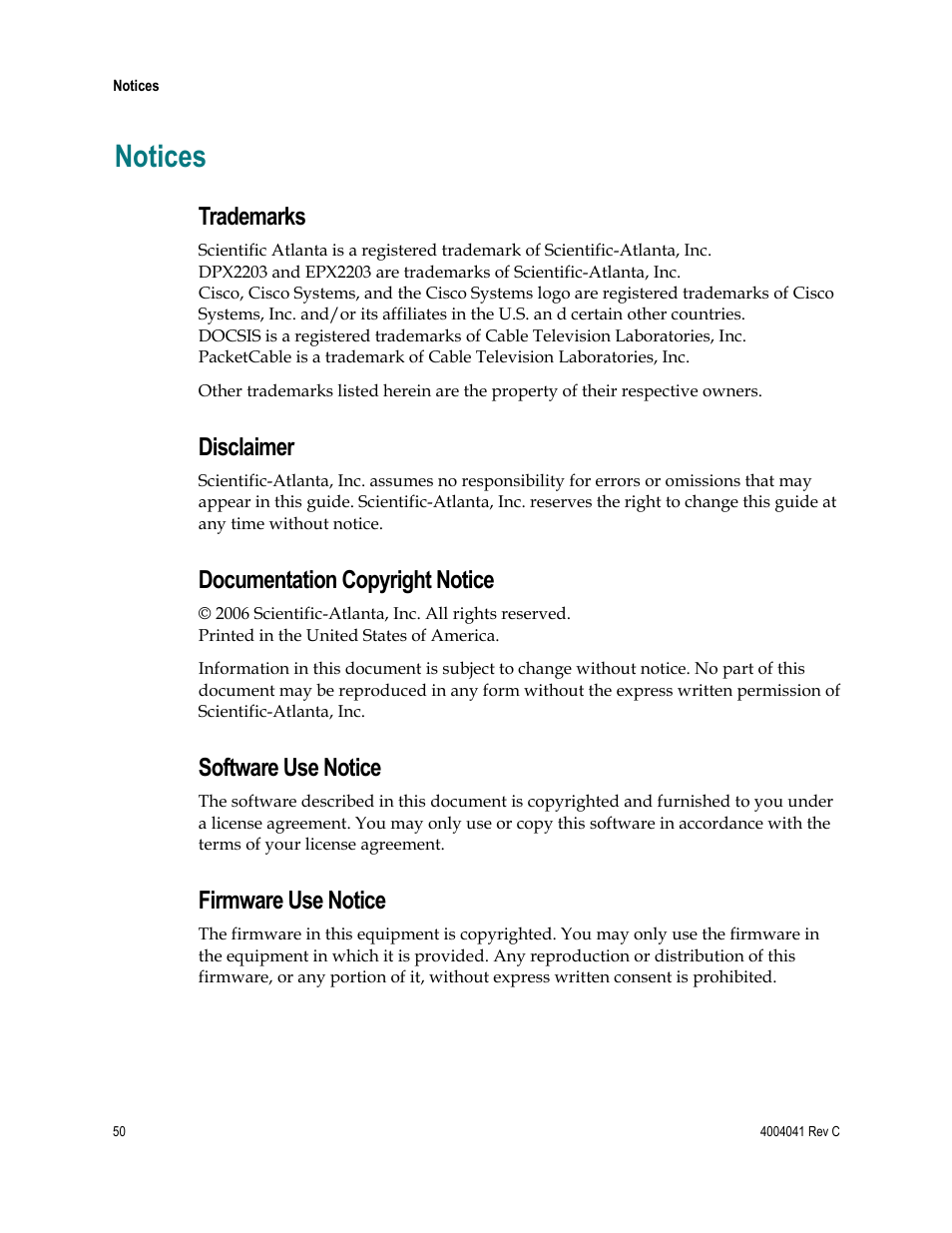 Notices, Trademarks, Disclaimer | Documentation copyright notice, Software use notice, Firmware use notice | Scientific Atlanta EPX2203TM User Manual | Page 50 / 52