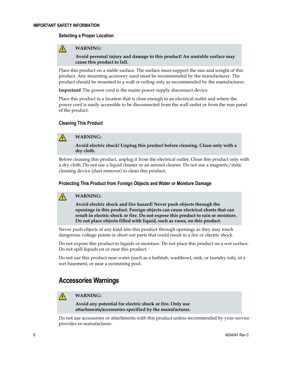 Accessories warnings | Scientific Atlanta EPX2203TM User Manual | Page 6 / 52