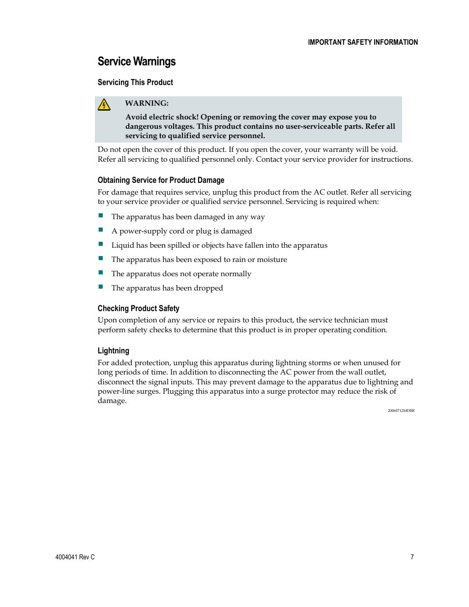 Service warnings | Scientific Atlanta EPX2203TM User Manual | Page 7 / 52