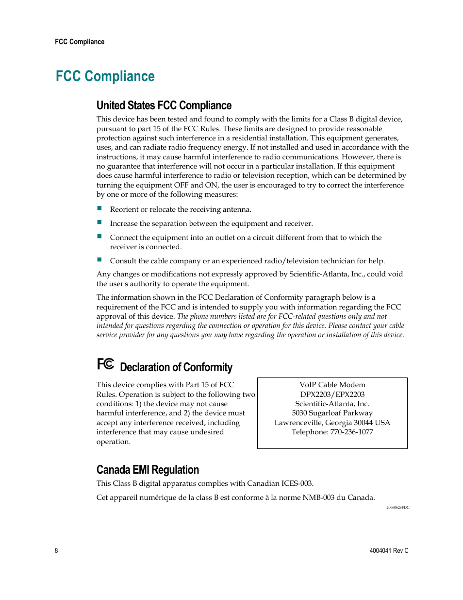 Fcc compliance, United states fcc compliance, Declaration of conformity | Canada emi regulation | Scientific Atlanta EPX2203TM User Manual | Page 8 / 52