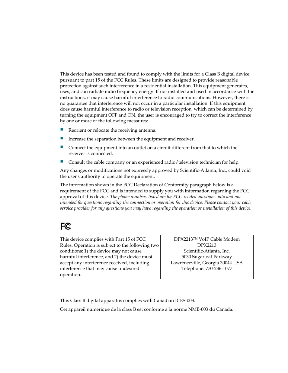 Fcc compliance, United states fcc compliance, Declaration of conformity | Canada emi regulation | Scientific Atlanta DPX2213 User Manual | Page 49 / 52