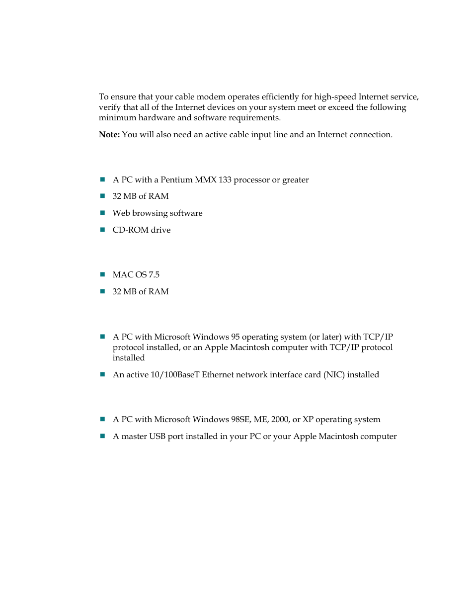 Minimum system requirements for a pc, Minimum system requirements for macintosh, System requirements for an ethernet connection | System requirements for a usb connection | Scientific Atlanta DPX2213 User Manual | Page 9 / 52