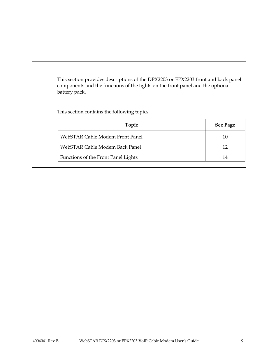 Section c front and back panel components, Overview, Introduction | In this section | Scientific Atlanta WebSTAR EPX2203 User Manual | Page 10 / 55