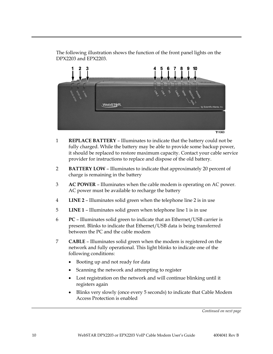 Webstar cable modem front panel, Front panel components | Scientific Atlanta WebSTAR EPX2203 User Manual | Page 11 / 55