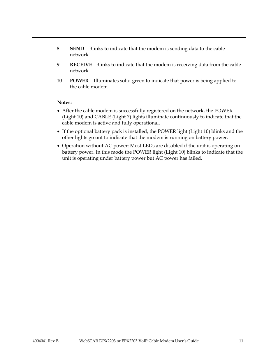 Webstar cable modem front panel, Continued | Scientific Atlanta WebSTAR EPX2203 User Manual | Page 12 / 55