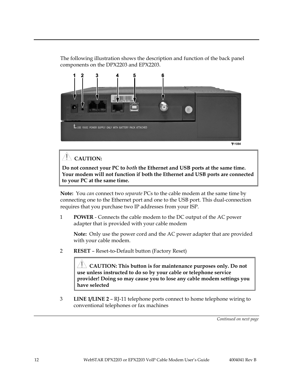 Webstar cable modem back panel, Back panel components | Scientific Atlanta WebSTAR EPX2203 User Manual | Page 13 / 55