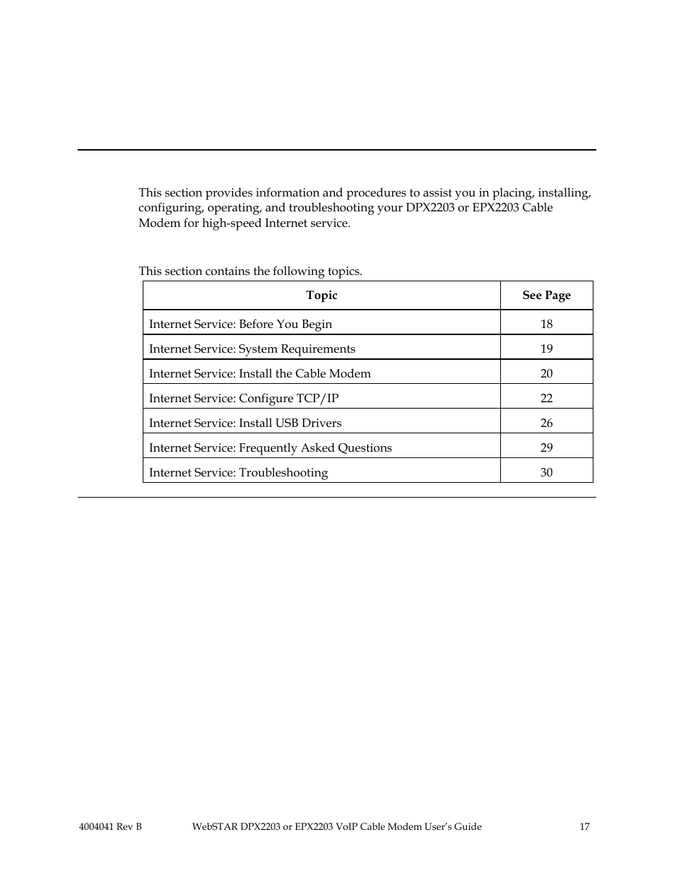 Section d internet service installation, Internet service: overview, Introduction | In this section | Scientific Atlanta WebSTAR EPX2203 User Manual | Page 18 / 55