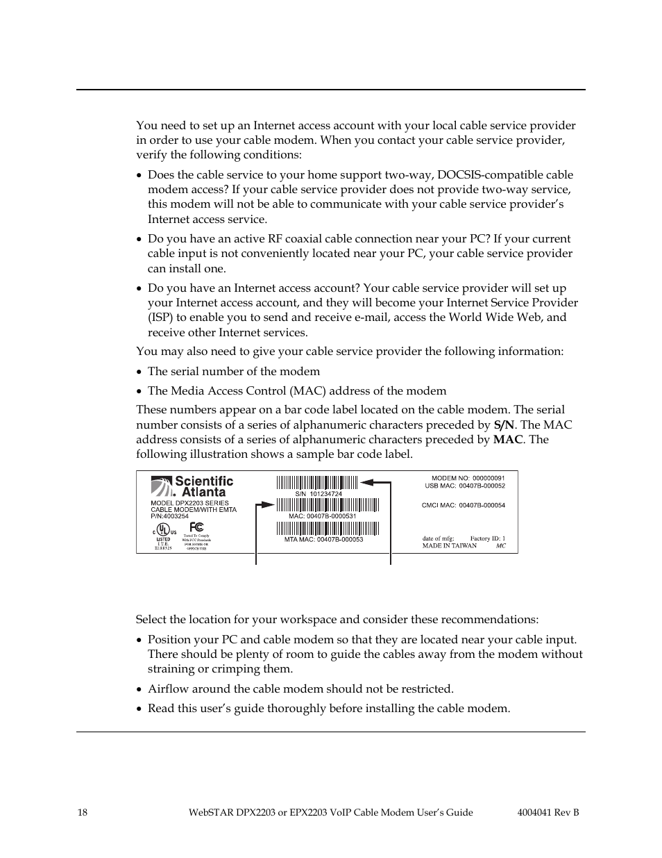 Internet service: before you begin, Contacting your local cable service provider, Selecting a location for your modem | Scientific Atlanta WebSTAR EPX2203 User Manual | Page 19 / 55