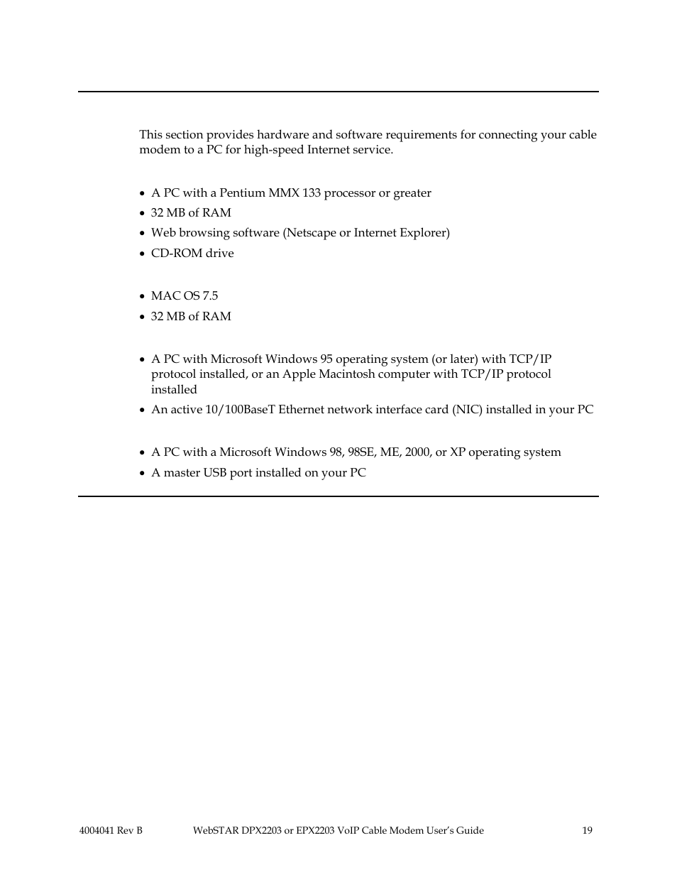 Internet service: system requirements, Introduction, Minimum system requirements for pcs | Minimum system requirements for macintosh, System requirements for an ethernet connection, System requirements for a usb connection | Scientific Atlanta WebSTAR EPX2203 User Manual | Page 20 / 55