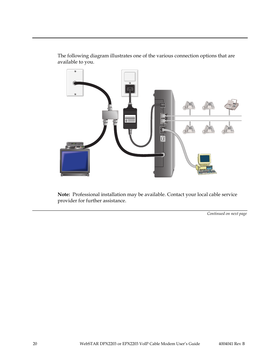 Internet service: install the cable modem, Installation diagram | Scientific Atlanta WebSTAR EPX2203 User Manual | Page 21 / 55