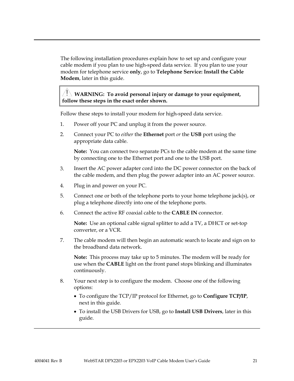 Installing the modem for high-speed data service, Internet service: install the cable modem, Continued | Scientific Atlanta WebSTAR EPX2203 User Manual | Page 22 / 55