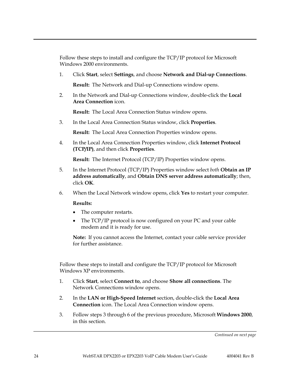 Microsoft windows 2000, Microsoft windows xp, Internet service: configure tcp/ip | Continued | Scientific Atlanta WebSTAR EPX2203 User Manual | Page 25 / 55