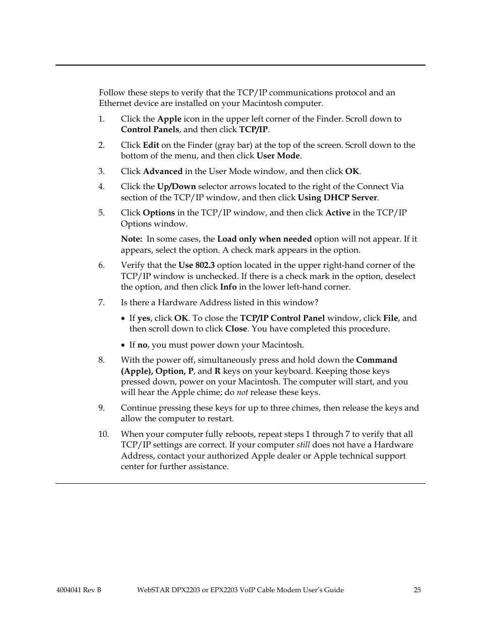 Macintosh, Internet service: configure tcp/ip, Continued | Scientific Atlanta WebSTAR EPX2203 User Manual | Page 26 / 55