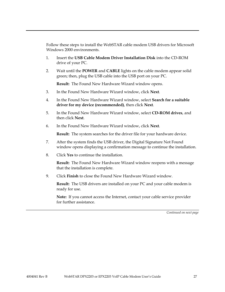 Microsoft windows 2000, Internet service: install usb drivers, Continued | Scientific Atlanta WebSTAR EPX2203 User Manual | Page 28 / 55