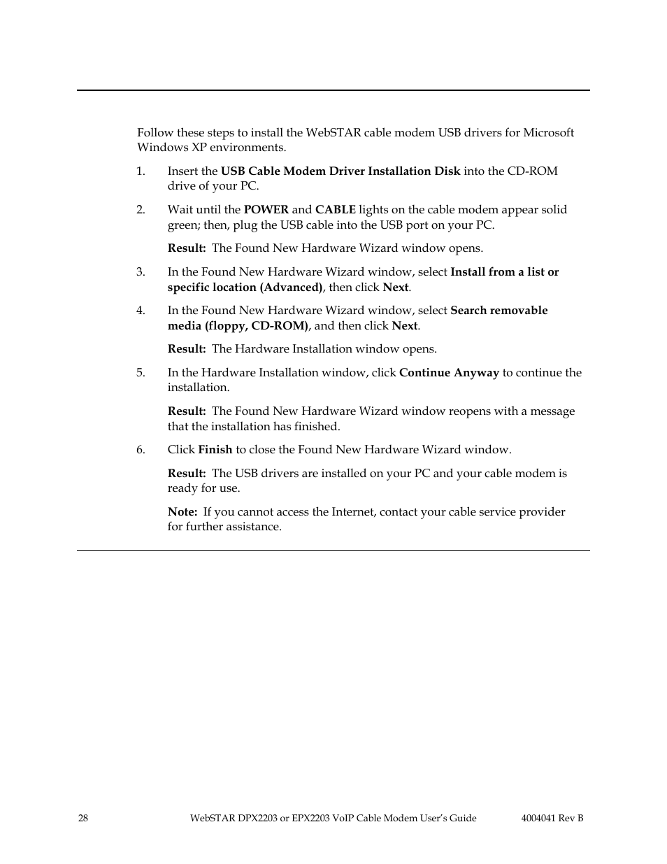 Microsoft windows xp, Internet service: install usb drivers, Continued | Scientific Atlanta WebSTAR EPX2203 User Manual | Page 29 / 55