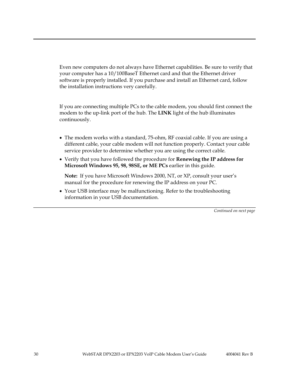 Internet service: troubleshooting, Common troubleshooting suggestions, The modem does not register an ethernet connection | The modem does not register a cable connection | Scientific Atlanta WebSTAR EPX2203 User Manual | Page 31 / 55