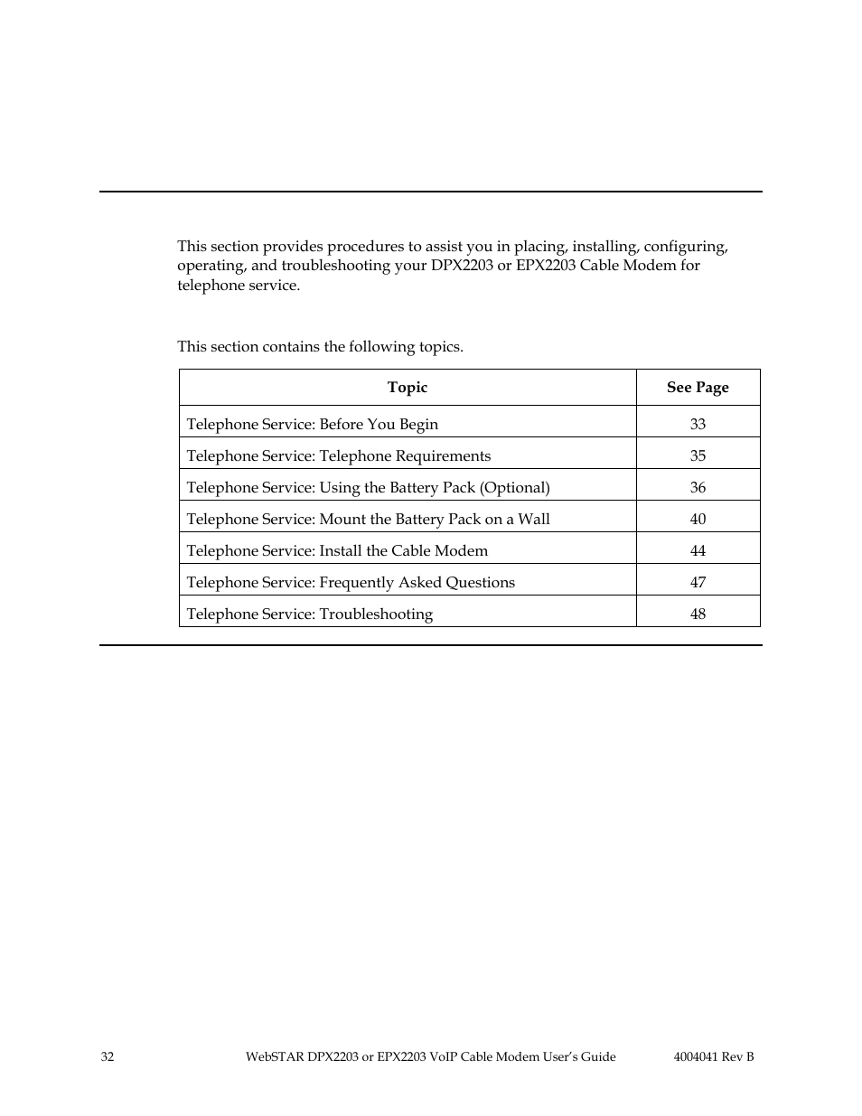 Section e telephone service installation, Telephone service: overview, Introduction | In this section | Scientific Atlanta WebSTAR EPX2203 User Manual | Page 33 / 55