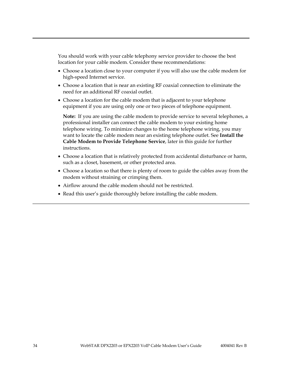 Selecting a location for your modem, Telephone service: before you begin, Continued | Scientific Atlanta WebSTAR EPX2203 User Manual | Page 35 / 55