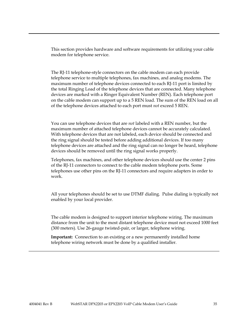 Telephone service: telephone requirements, Introduction, Number of telephone devices | Telephone device types, Dialing requirements, Telephone wiring requirements | Scientific Atlanta WebSTAR EPX2203 User Manual | Page 36 / 55