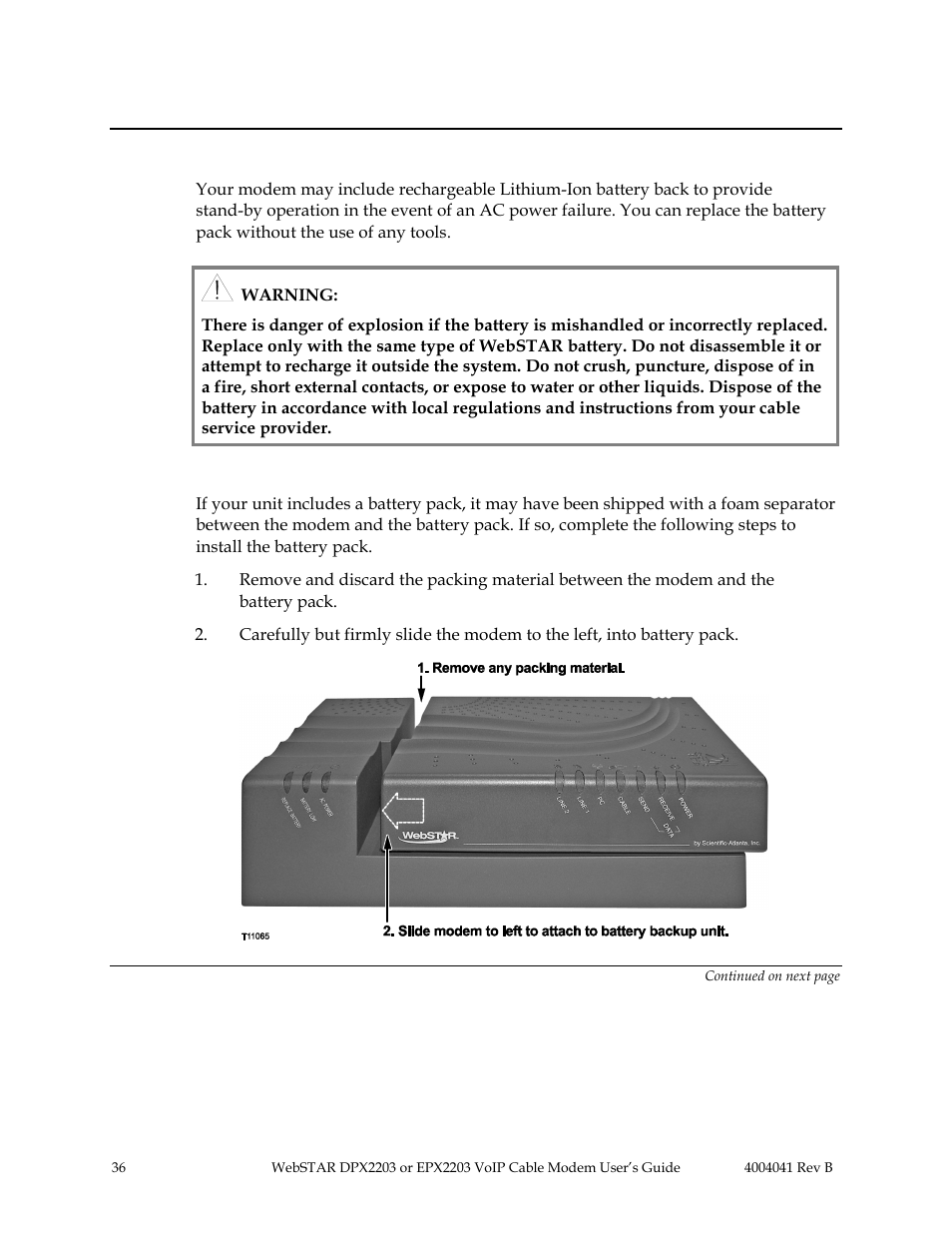 Introduction, Installing the battery pack | Scientific Atlanta WebSTAR EPX2203 User Manual | Page 37 / 55