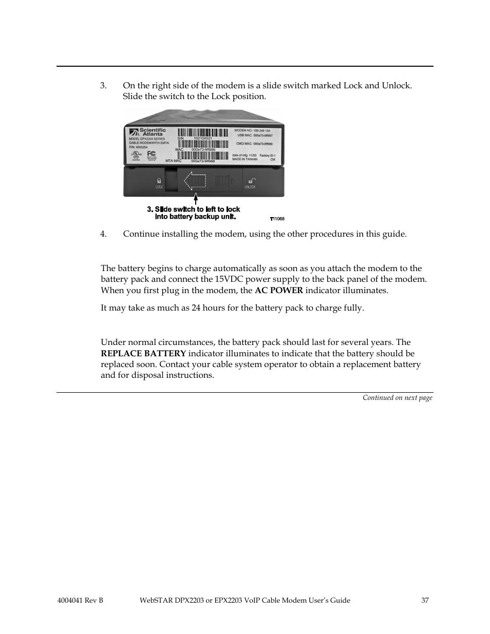 Charging the battery pack, Replacing the battery pack, Continued | Scientific Atlanta WebSTAR EPX2203 User Manual | Page 38 / 55