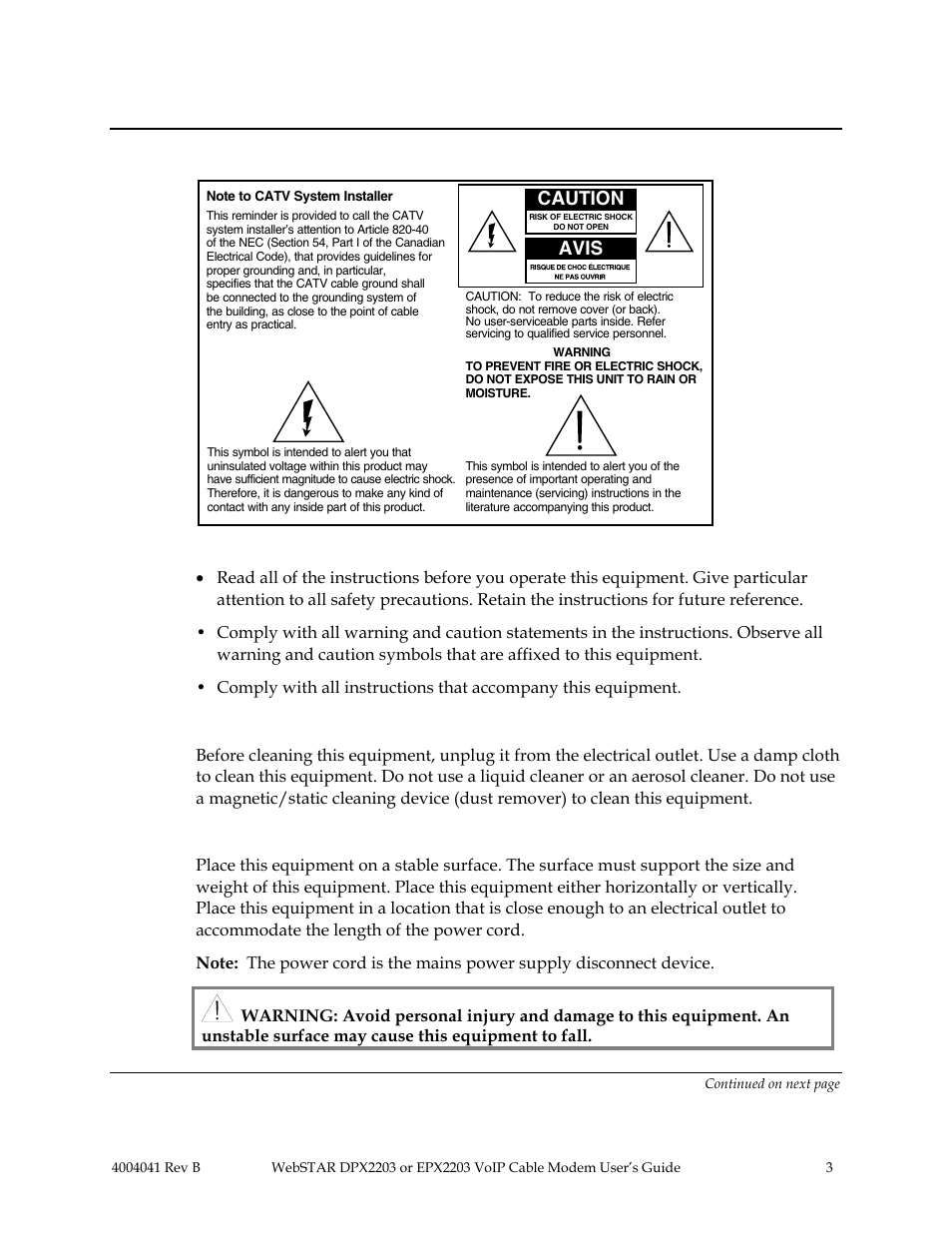 Important rules for safe operation, Note to installer, Read and retain these instructions | Cleaning the equipment, Placement | Scientific Atlanta WebSTAR EPX2203 User Manual | Page 4 / 55