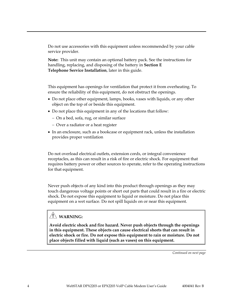 Accessories, Ventilation, Overloading | Object and liquid entry, Important rules for safe operation, Continued | Scientific Atlanta WebSTAR EPX2203 User Manual | Page 5 / 55