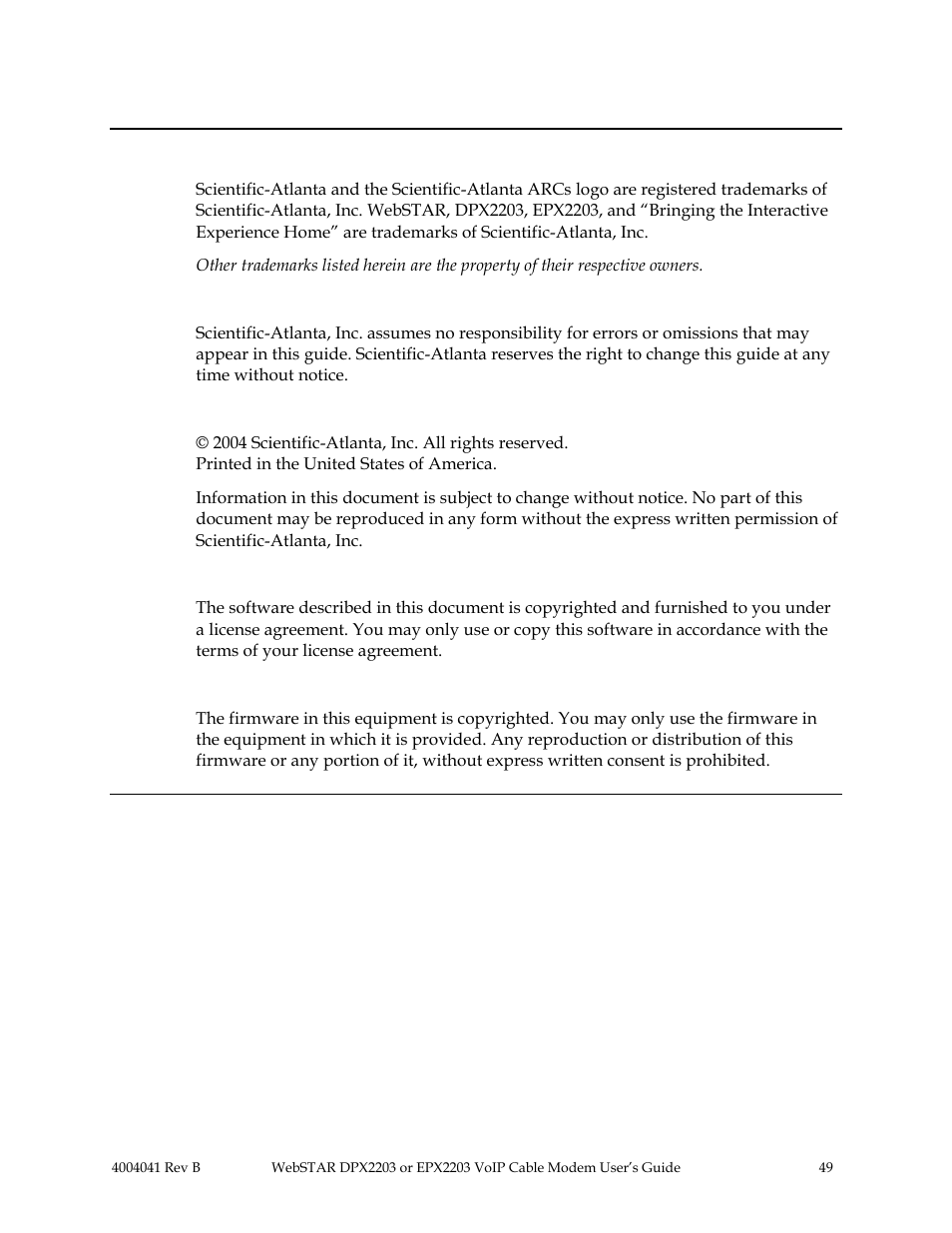 Notices, Trademarks, Disclaimer | Documentation copyright notice, Software use notice, Firmware use notice, Notices 49 | Scientific Atlanta WebSTAR EPX2203 User Manual | Page 50 / 55