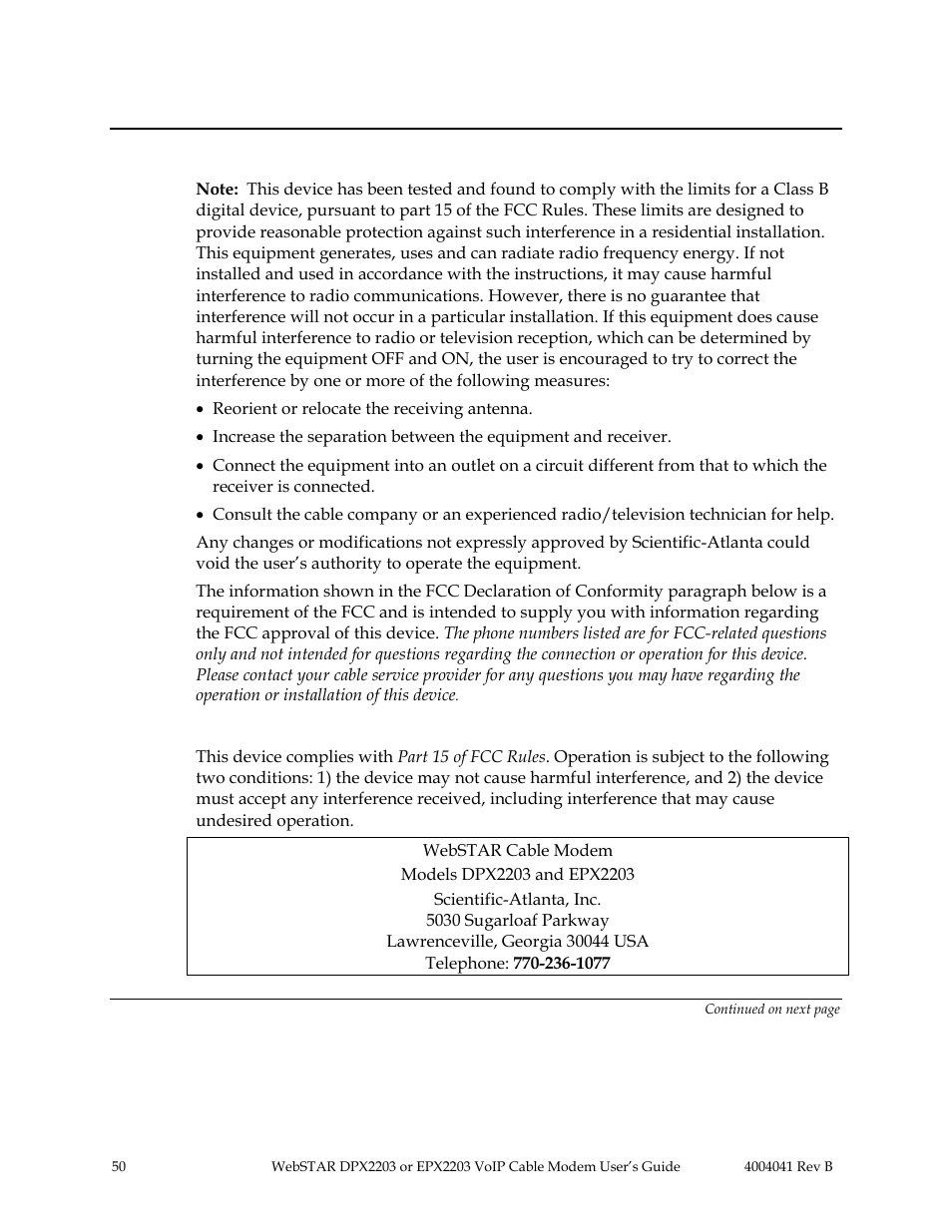 Fcc compliance, United states fcc compliance, Fcc declaration of conformity | Scientific Atlanta WebSTAR EPX2203 User Manual | Page 51 / 55