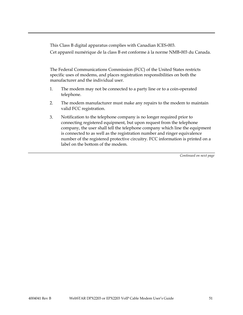 Canada emi regulation, Fcc part 68, Fcc compliance | Continued | Scientific Atlanta WebSTAR EPX2203 User Manual | Page 52 / 55