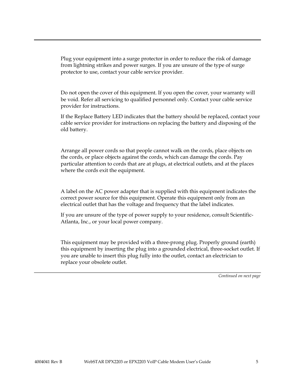 Lightning and power surges, Servicing, Power cord protection | Power sources, Grounding, Important rules for safe operation, Continued | Scientific Atlanta WebSTAR EPX2203 User Manual | Page 6 / 55