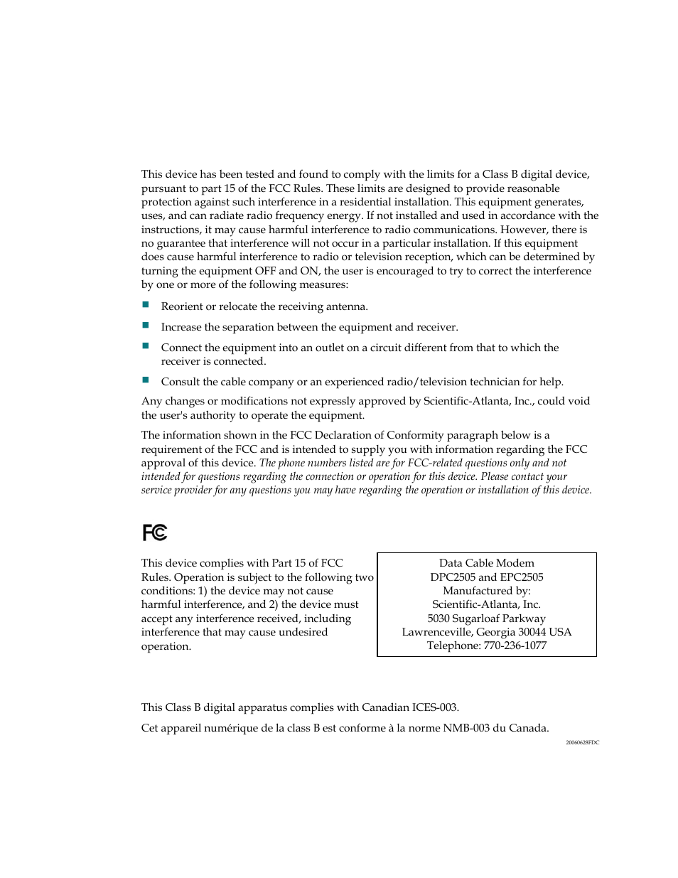 Fcc compliance, United states fcc compliance, Declaration of conformity | Canada emi regulation | Scientific Atlanta DPC2505TM User Manual | Page 8 / 33