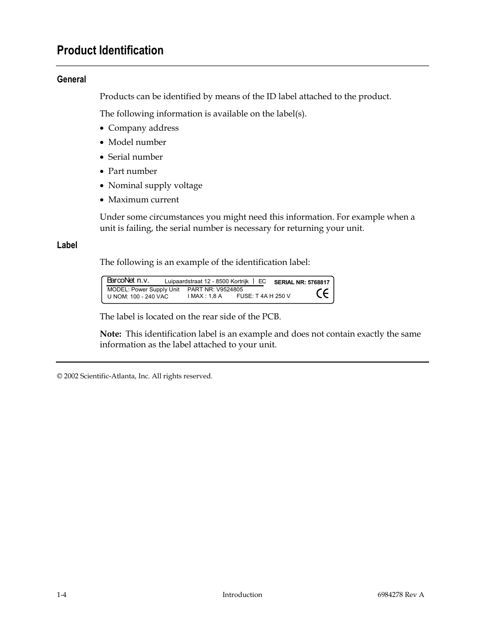 Product identification | Scientific Atlanta Power Supply Unit User Manual | Page 18 / 40