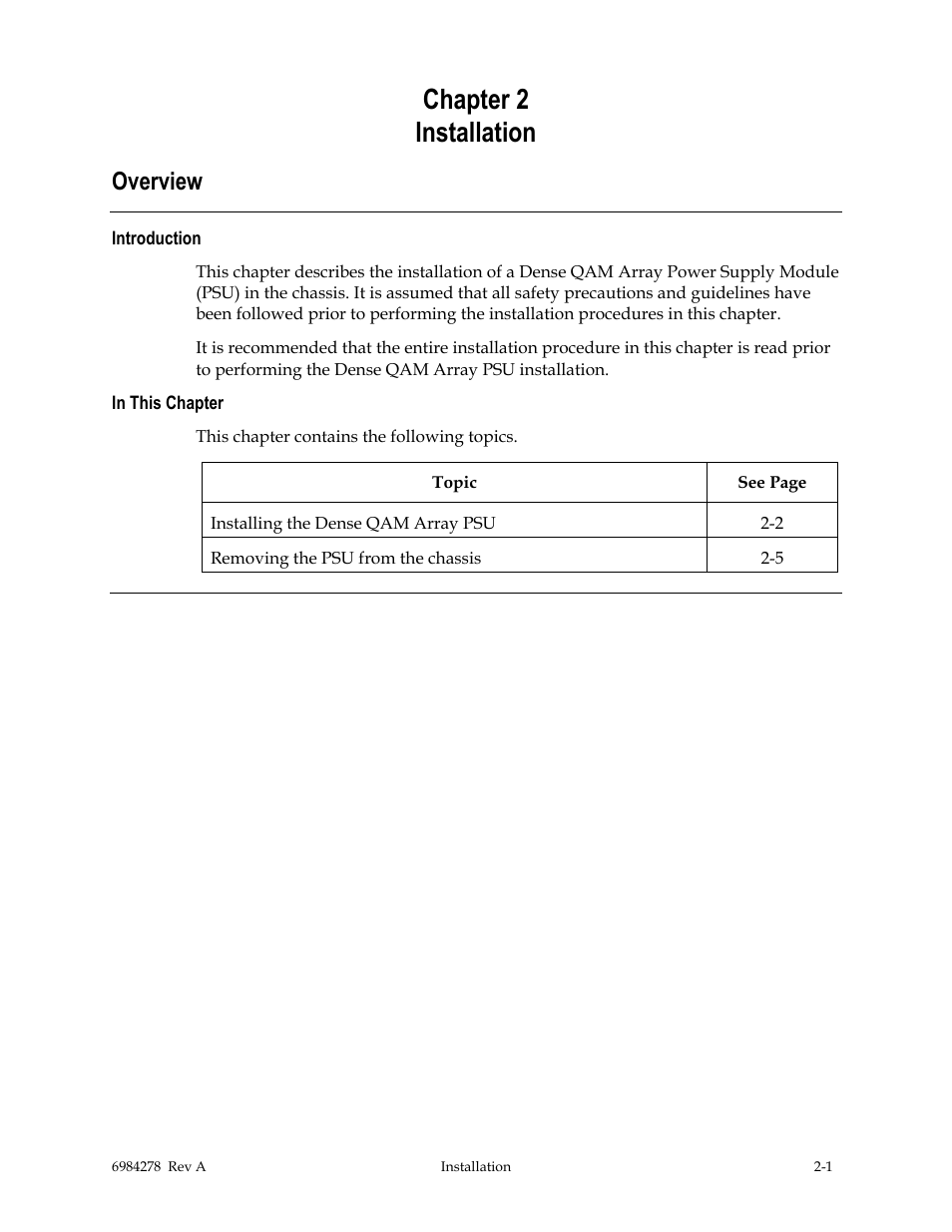 Installation, Overview, Chapter 2 installation | Scientific Atlanta Power Supply Unit User Manual | Page 19 / 40