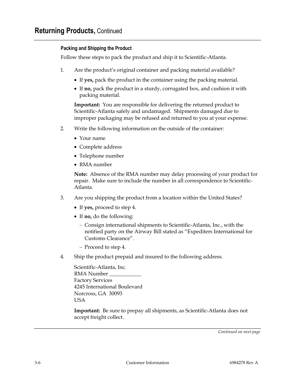 Packing and shipping the product, Returning products, Continued | Scientific Atlanta Power Supply Unit User Manual | Page 30 / 40