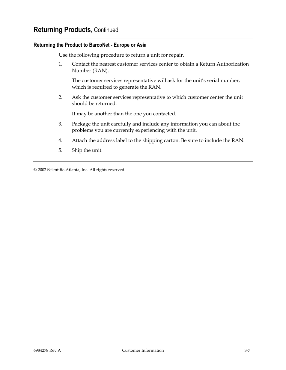 Returning the product to barconet - europe or asia, Returning products, Continued | Scientific Atlanta Power Supply Unit User Manual | Page 31 / 40