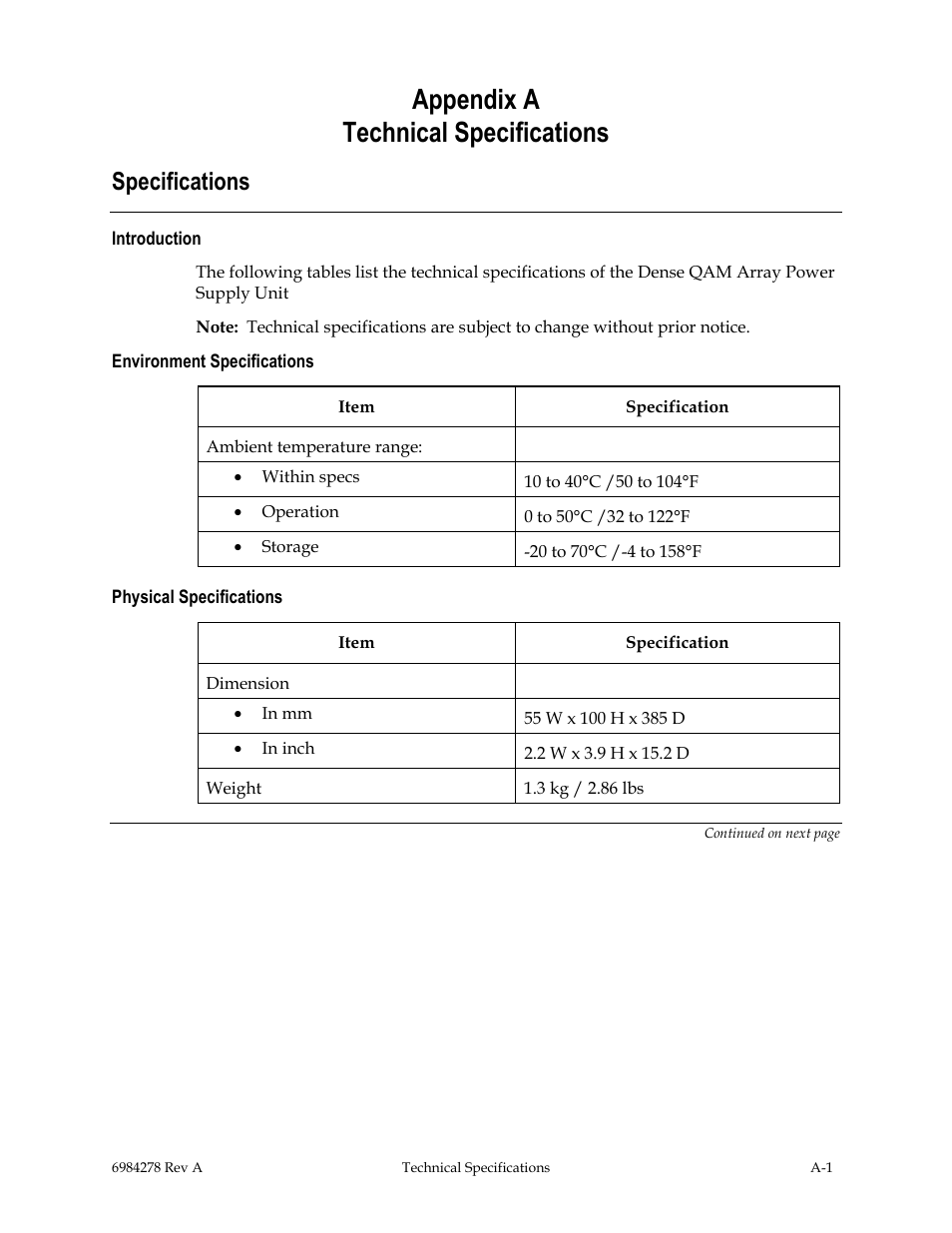 Technical specifications, Specifications, Appendix a technical specifications | Scientific Atlanta Power Supply Unit User Manual | Page 35 / 40