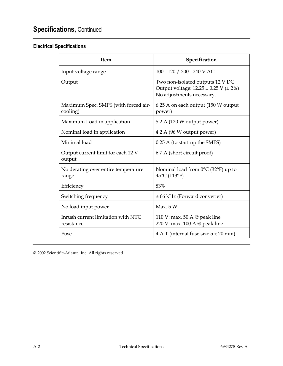 Specifications, Continued | Scientific Atlanta Power Supply Unit User Manual | Page 36 / 40