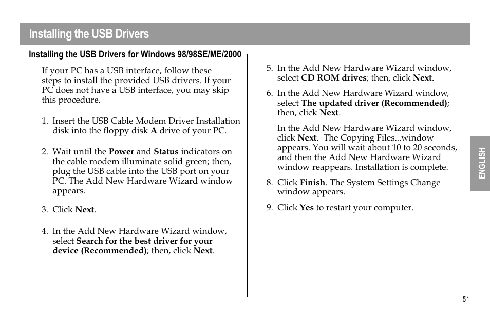 Installing the usb drivers | Scientific Atlanta WEBSTAR DPX110 User Manual | Page 51 / 92