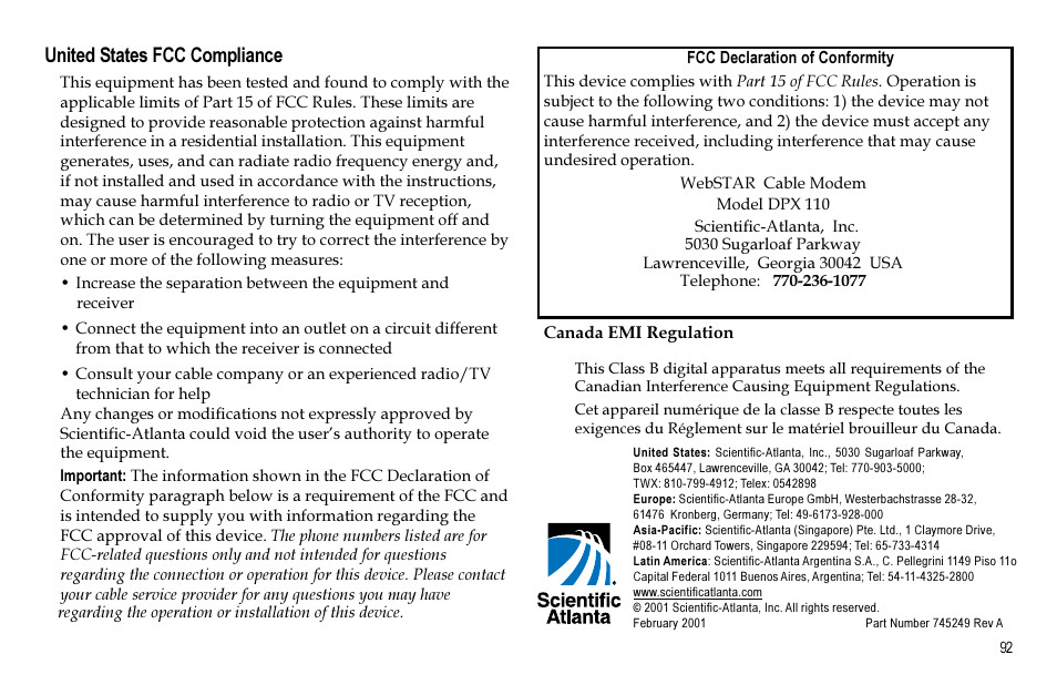 United states fcc compliance | Scientific Atlanta WEBSTAR DPX110 User Manual | Page 92 / 92