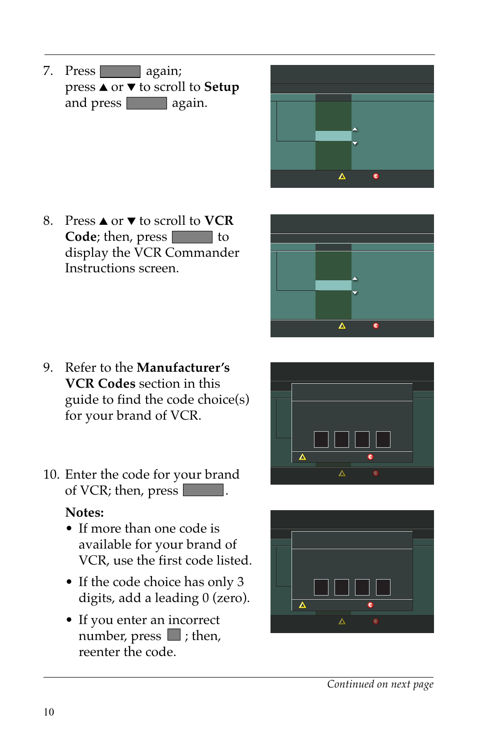 Setting up vcr commander service, Continued, Continued on next page | Select | Scientific Atlanta VCR Commander User Manual | Page 10 / 28