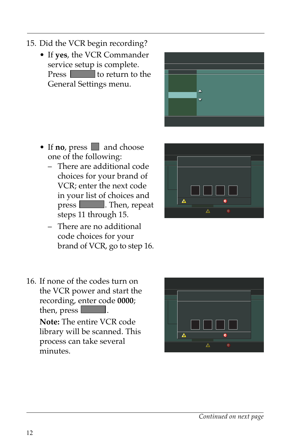 Setting up vcr commander service, Continued, Continued on next page | Select, Select a | Scientific Atlanta VCR Commander User Manual | Page 12 / 28