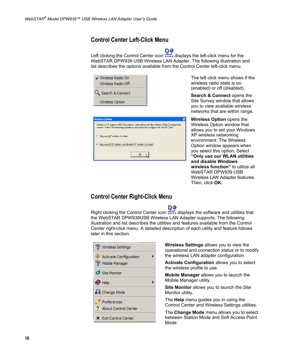 Control center left-click menu, Control center right-click menu | Scientific Atlanta DPW939 User Manual | Page 17 / 50