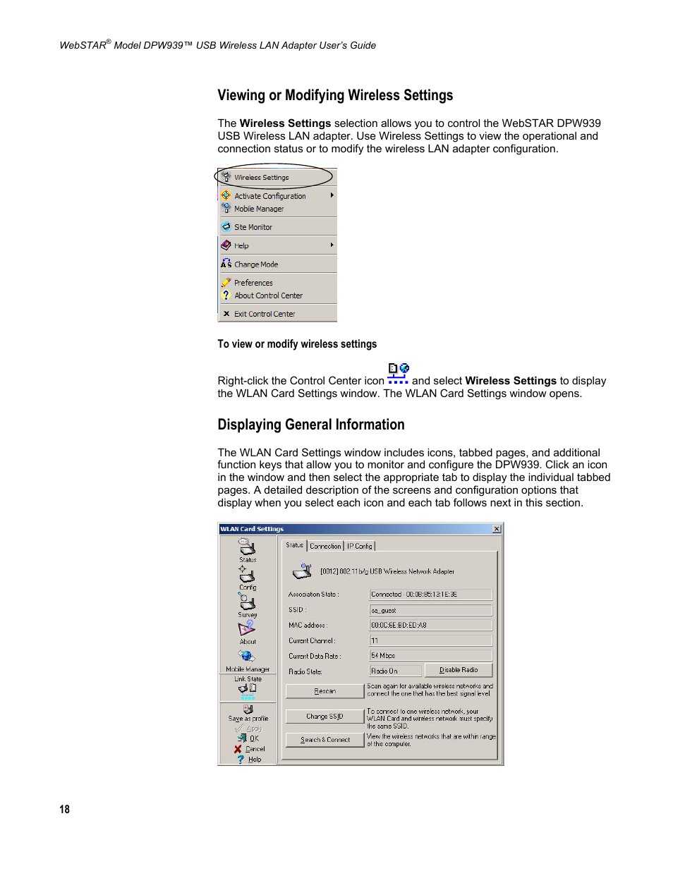 Viewing or modifying wireless settings, Displaying general information | Scientific Atlanta DPW939 User Manual | Page 19 / 50