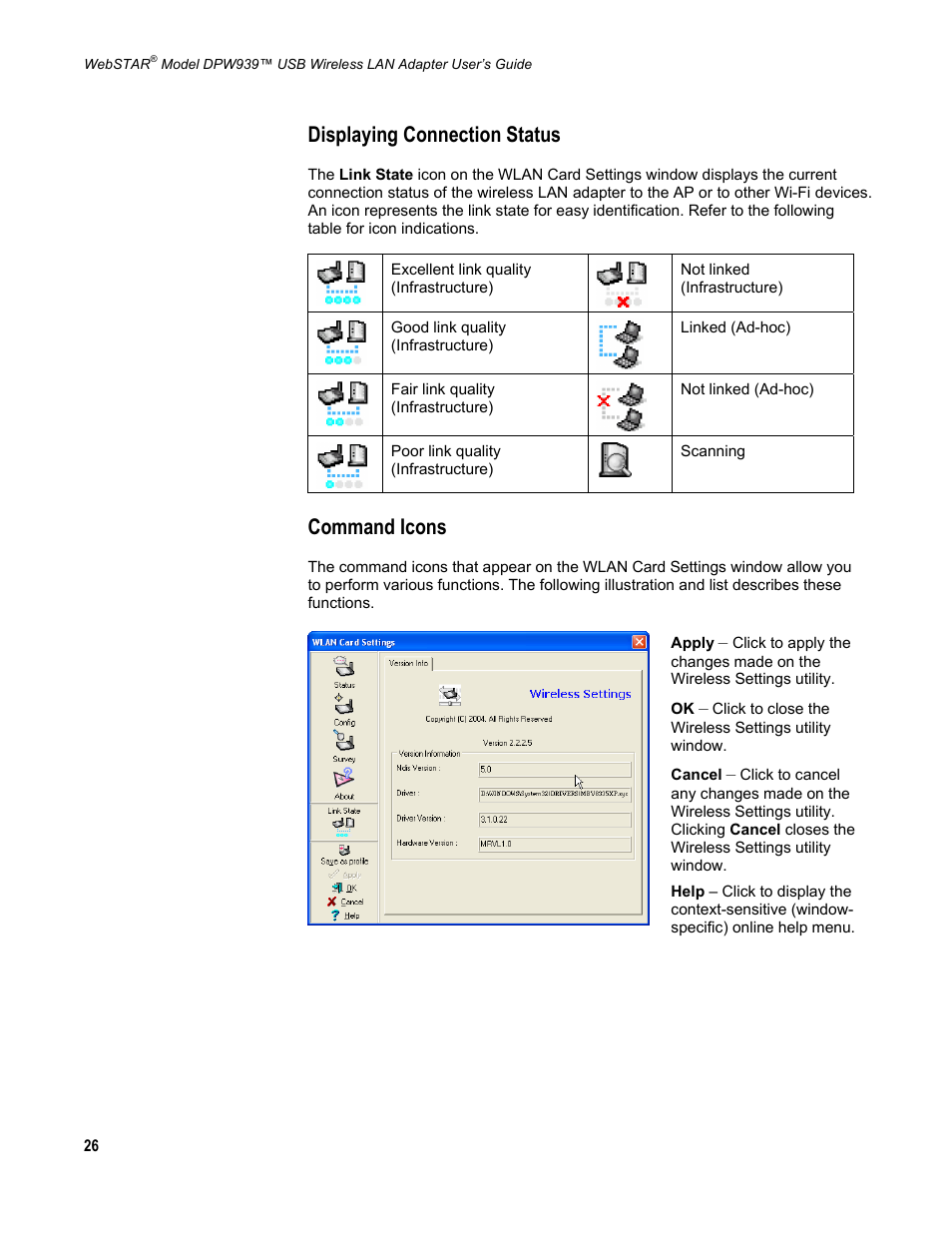 Displaying connection status, Command icons | Scientific Atlanta DPW939 User Manual | Page 27 / 50