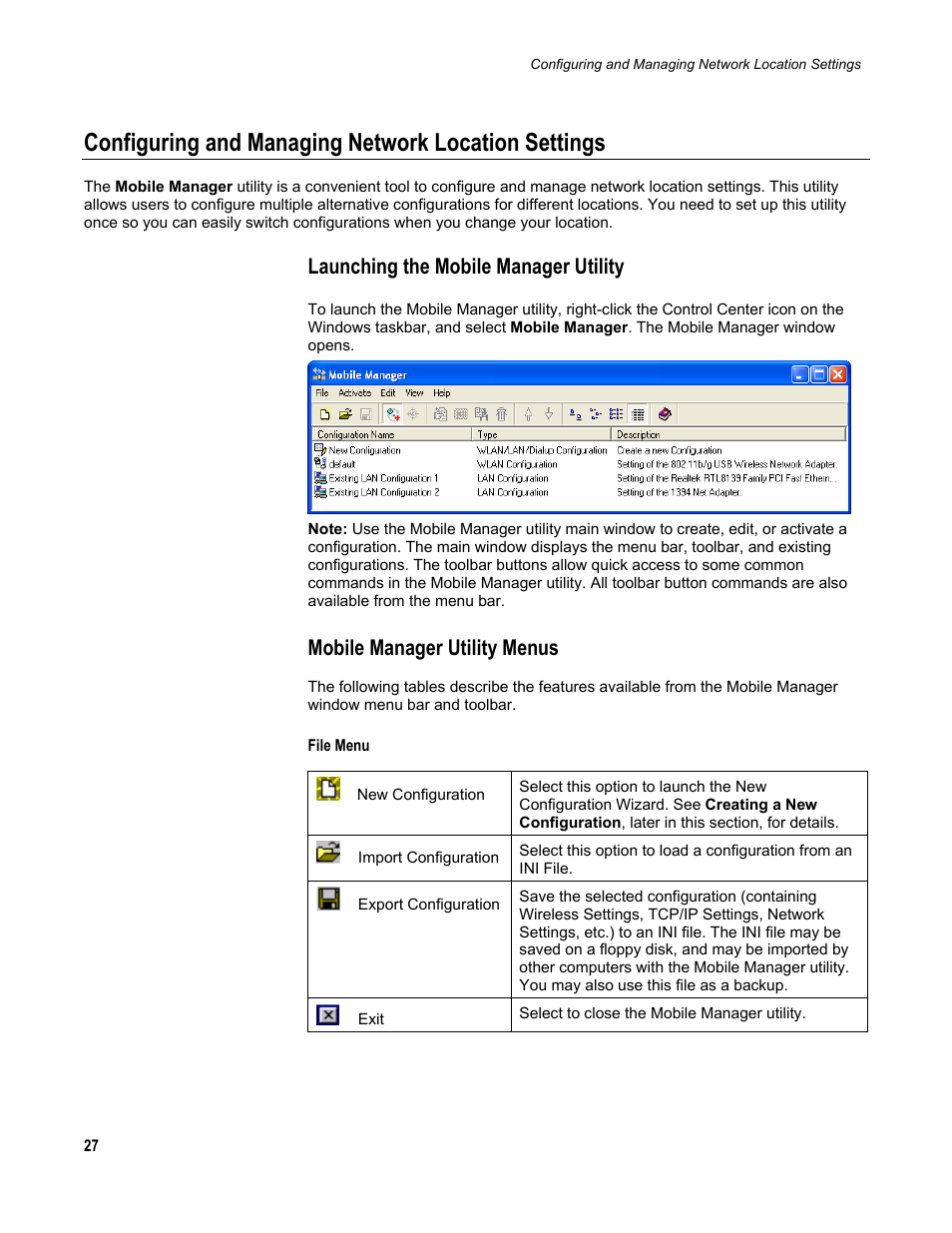 Configuring and managing network location settings, Launching the mobile manager utility, Mobile manager utility menus | Scientific Atlanta DPW939 User Manual | Page 28 / 50