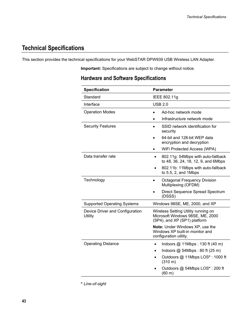 Technical specifications, Hardware and software specifications | Scientific Atlanta DPW939 User Manual | Page 44 / 50